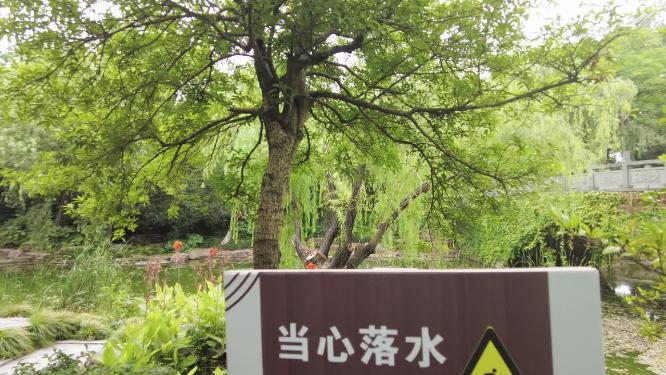 公园湖边当心落水的警告牌