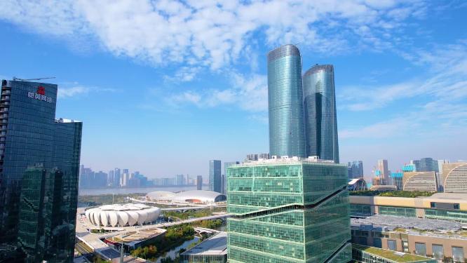 杭州奥体中心杭州之门风景航拍