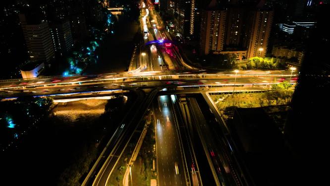 杭州拱墅区环城北路中河立交桥夜景车流延时