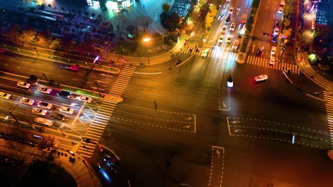 杭州钱塘新区十字路口夜景车流延时摄影