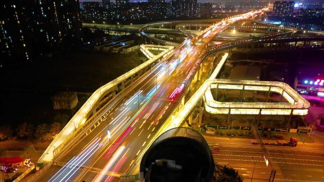杭州钱塘新区东湖高架路立交桥夜景车流延时90