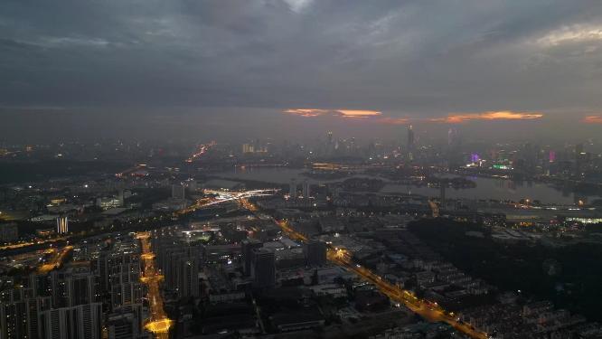 航拍日落夜幕降临的南京城市风光