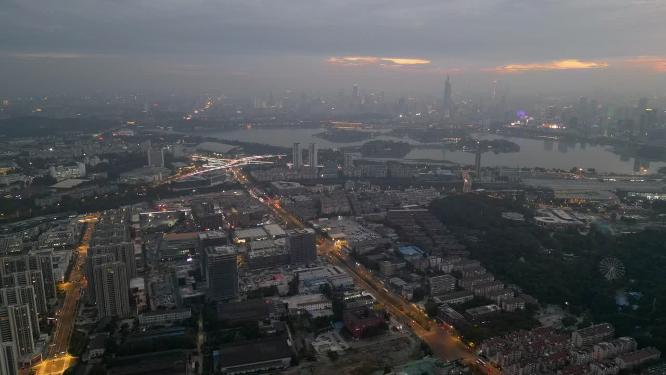 航拍日落夜幕降临的南京城市风光