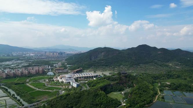 航拍浙江莫干山脚下大片水稻田以及乡村建设