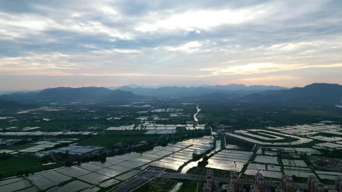 航拍浙江莫干山脚下大片水稻田以及乡村建设