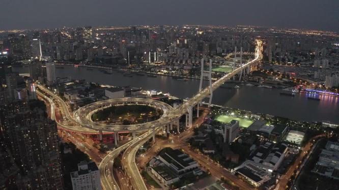 上海市 黄浦区 黄浦江 南浦大桥 交通 车流 夜景 航拍