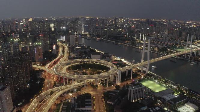 上海市 黄浦区 黄浦江 南浦大桥 交通 车流 夜景 航拍