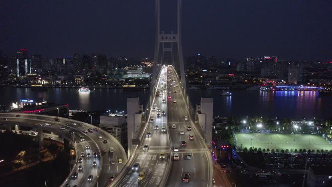 上海市 黄浦区 黄浦江 南浦大桥 交通 车流 夜景 航拍