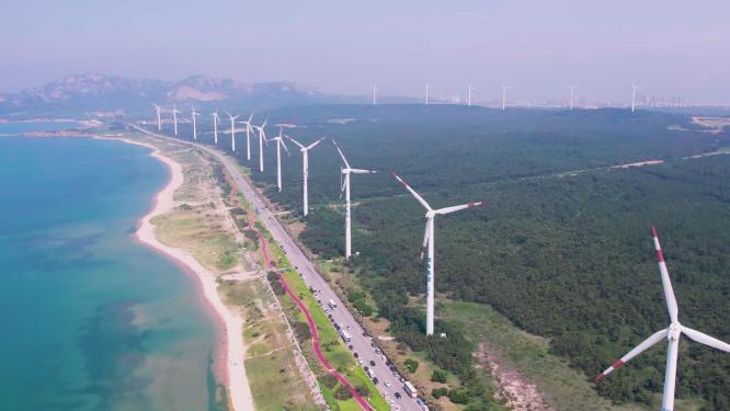 4k航拍山东威海风车海岸