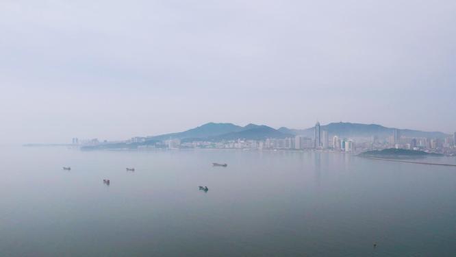 4k航拍山东烟台清晨海雾