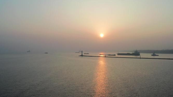 清晨日出上海宝山黄浦江入海口吴淞口灯塔航拍