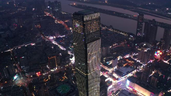长沙国金中心大楼夜景航拍