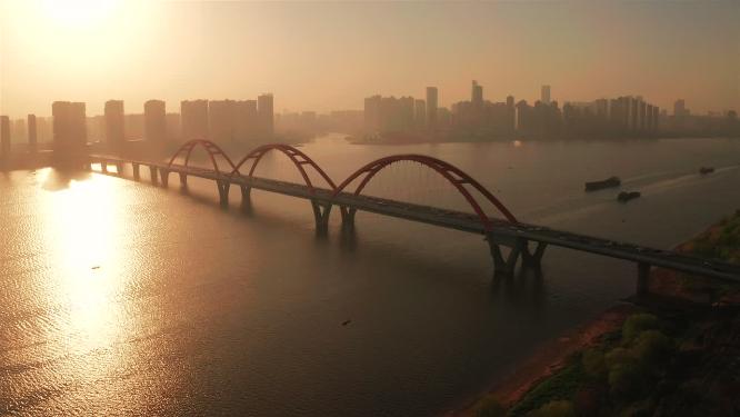 长沙福元路大桥清晨日出唯美航拍