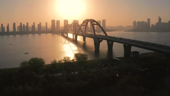 长沙福元路大桥清晨日出唯美航拍