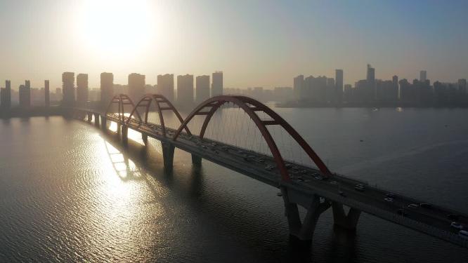 长沙福元路大桥清晨日出唯美航拍