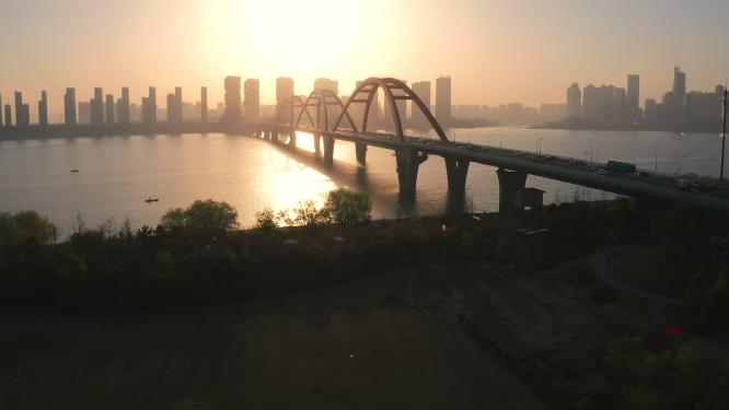 长沙福元路大桥清晨日出唯美航拍