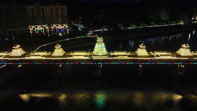 航拍湖南怀化晃州风雨桥夜景