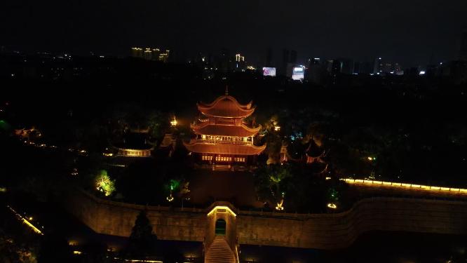 航拍湖南岳阳楼地标建筑夜景