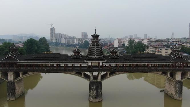 航拍湖南怀化靖州江东风雨桥