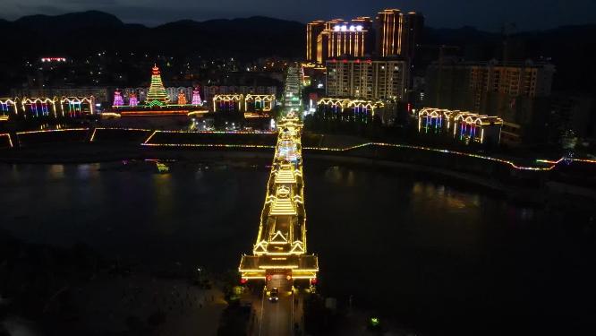 航拍湖南怀化晃州风雨桥夜景