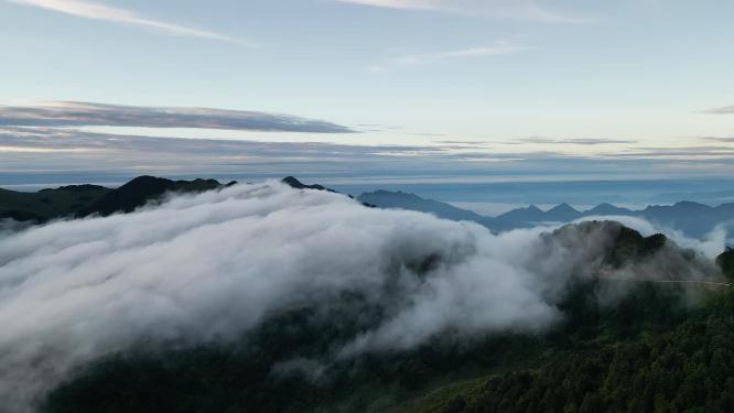航拍山顶云海飞瀑自然风光