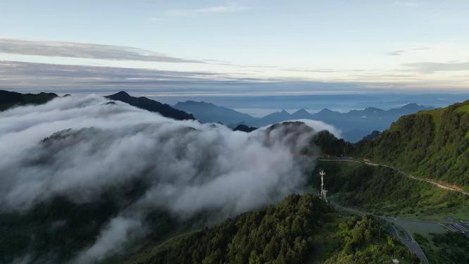 航拍山顶云海飞瀑自然风光