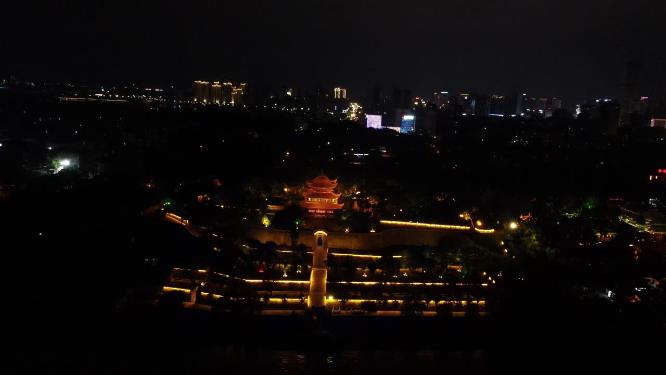 航拍湖南岳阳楼地标建筑夜景