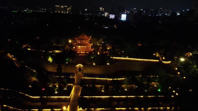 航拍湖南岳阳楼地标建筑夜景