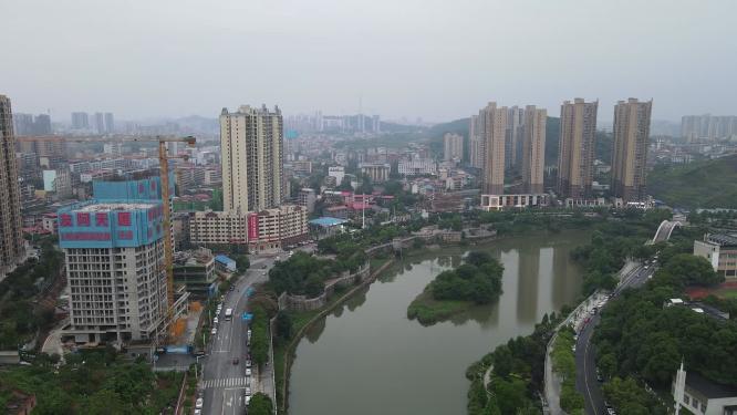 航拍湖南邵阳城市建设城市天际线