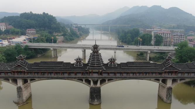 航拍湖南怀化靖州江东风雨桥
