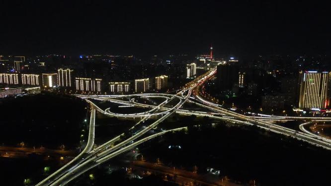 航拍河南郑州会展中心立交桥夜景