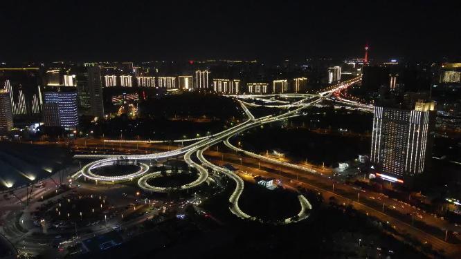 航拍河南郑州会展中心立交桥夜景