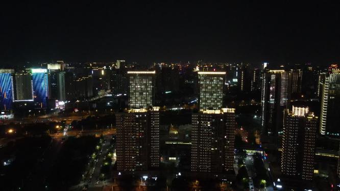 航拍河南郑州会展中心居民区夜景