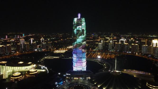 航拍河南郑州会展中心千玺广场夜景