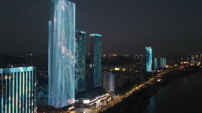 航拍湖北宜昌城市夜景灯光万达广场宜昌国际广场夜景