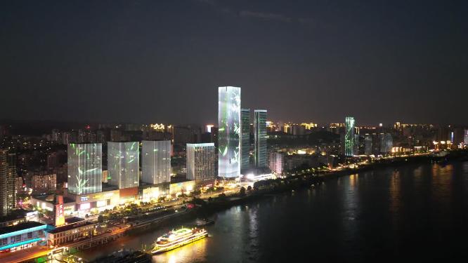 航拍湖北宜昌沿江大道万达广场宜昌国际广场夜景