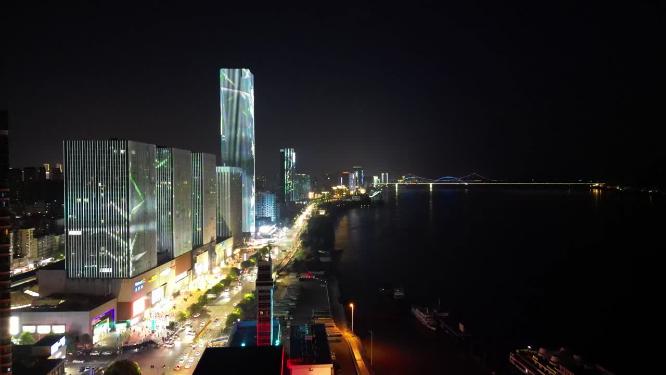 航拍湖北宜昌沿江大道万达广场宜昌国际广场夜景