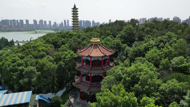 航拍湖北鄂州莲花山元明塔