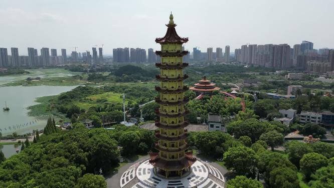 航拍湖北鄂州莲花山元明塔