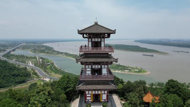 航拍湖北鄂州西山风景区武昌楼