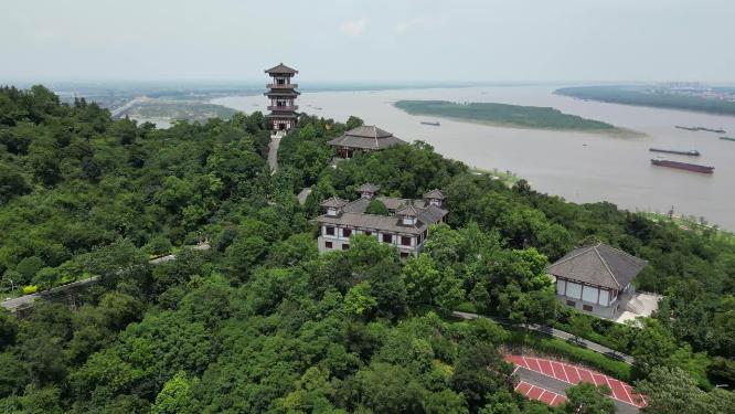 航拍湖北鄂州西山风景区武昌楼