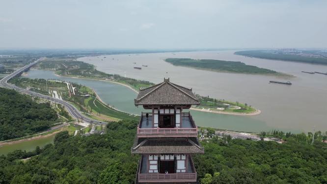 航拍湖北鄂州西山风景区武昌楼