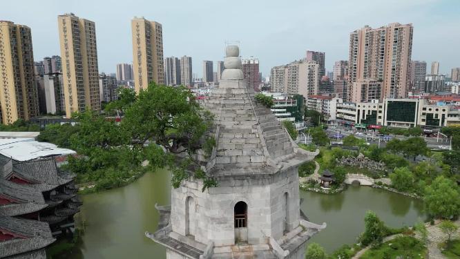 航拍湖北黄冈安国寺景区白塔
