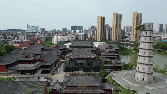 航拍湖北黄冈安国寺景区古建筑