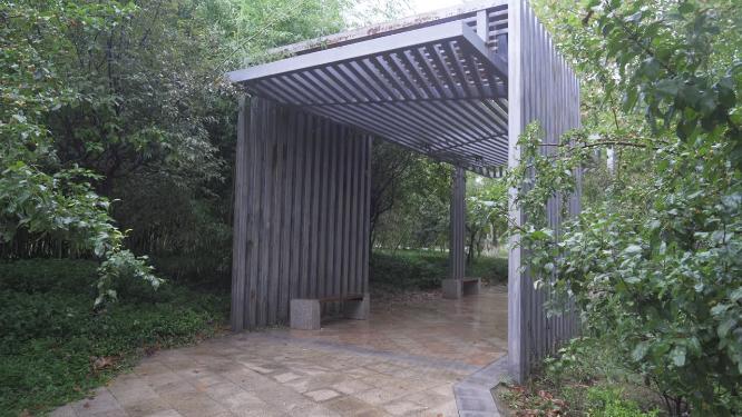 智慧休闲健身锻炼公园雨中景色