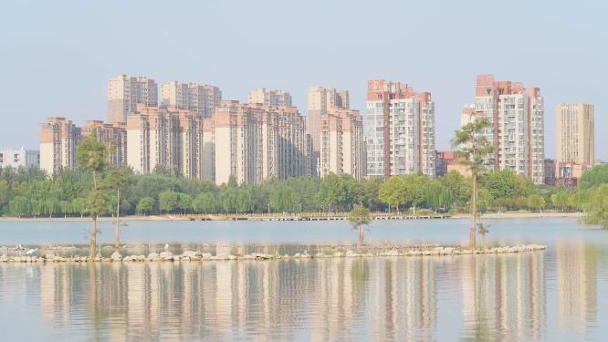 阳光湖泊高楼建筑