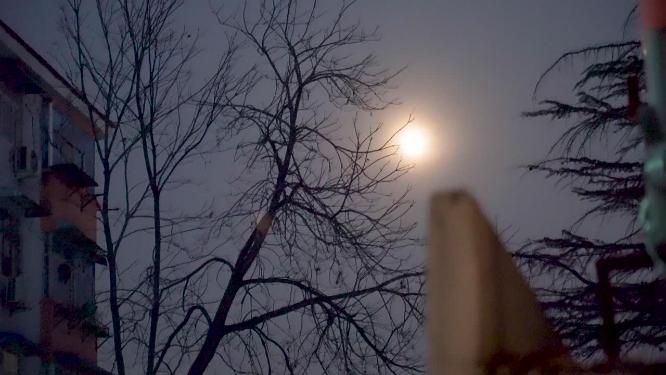 老旧居民区夜晚月光实拍视频