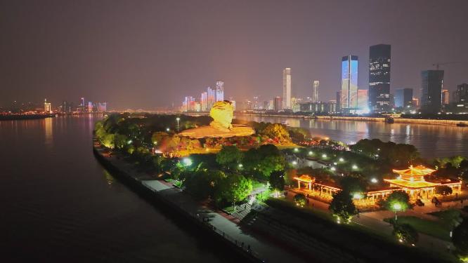 长沙橘子洲头夜景航拍