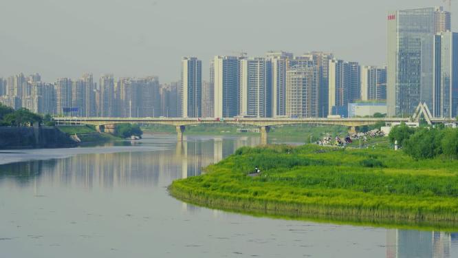 城市江水小岛空镜