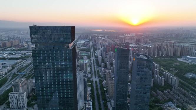 航拍陕西西安CBD夕阳绿地商务中心高楼大厦